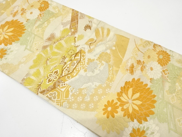 アンティーク　貝桶に笠松・菊・鶴模様織り出し丸帯（材料）